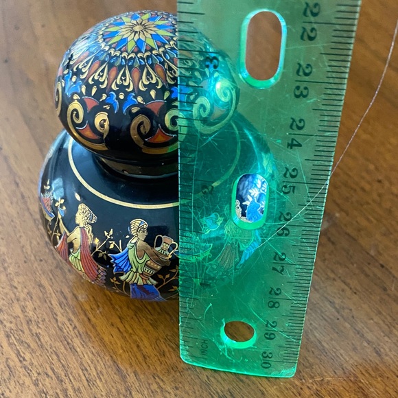 Greek mythology 24k trim Vintage Black and Gold Accent Jar with Colorful Motifs - Picture 9 of 11